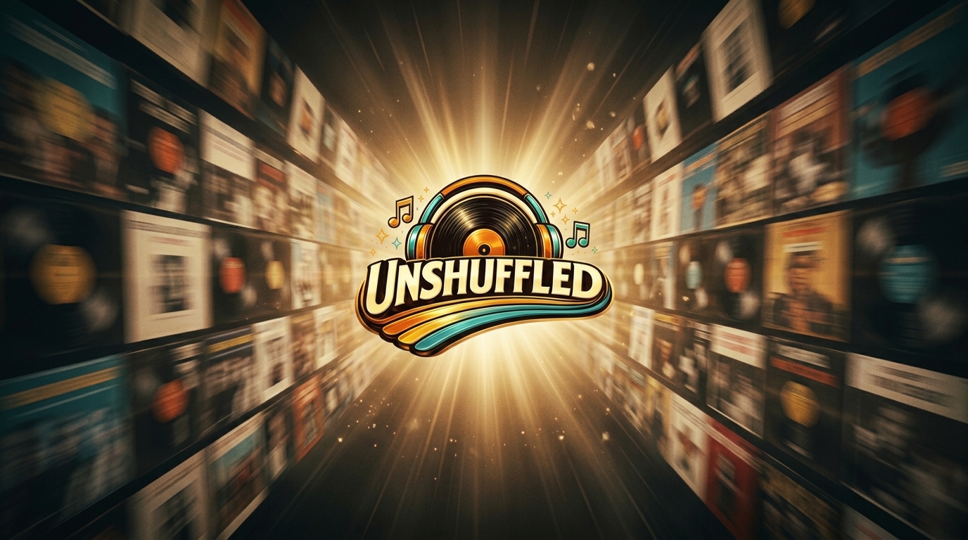 Unshuffled Radio — a wall of records with the Unshuffled logo in a beam of light